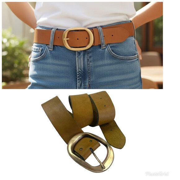 vintage Tan Soft Leather Wide Belt S Brass Buckle Western Classic Heritage Prep - Picture 12 of 12